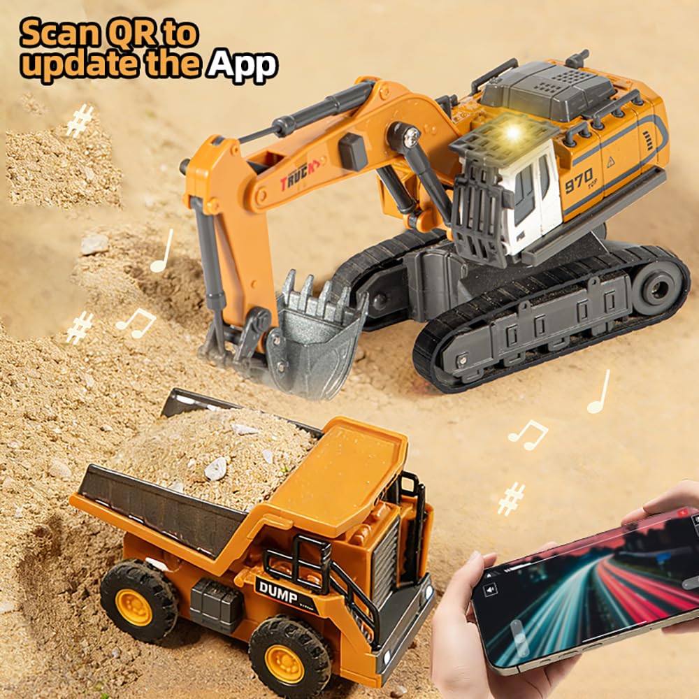 X-Verse 1:64 Excavadora teledirigida y minicargadora teledirigida, mini excavadora RC y minicargadora con luz y efectos de sonido, vehículo de construcción teledirigido, regalo