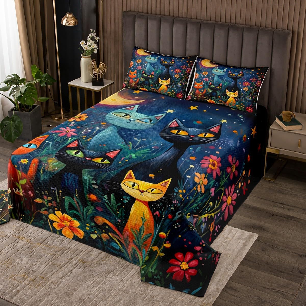 Cartoon Cat Bedspread Twin Size,Colorful Daisy Flower Bedding Set 2Pcs for Kids Girls Boys Teens Room Decor,Hippie Bohemian Style Comforter Set Animals Plants Quilt Coverlet,1 Pillowcase