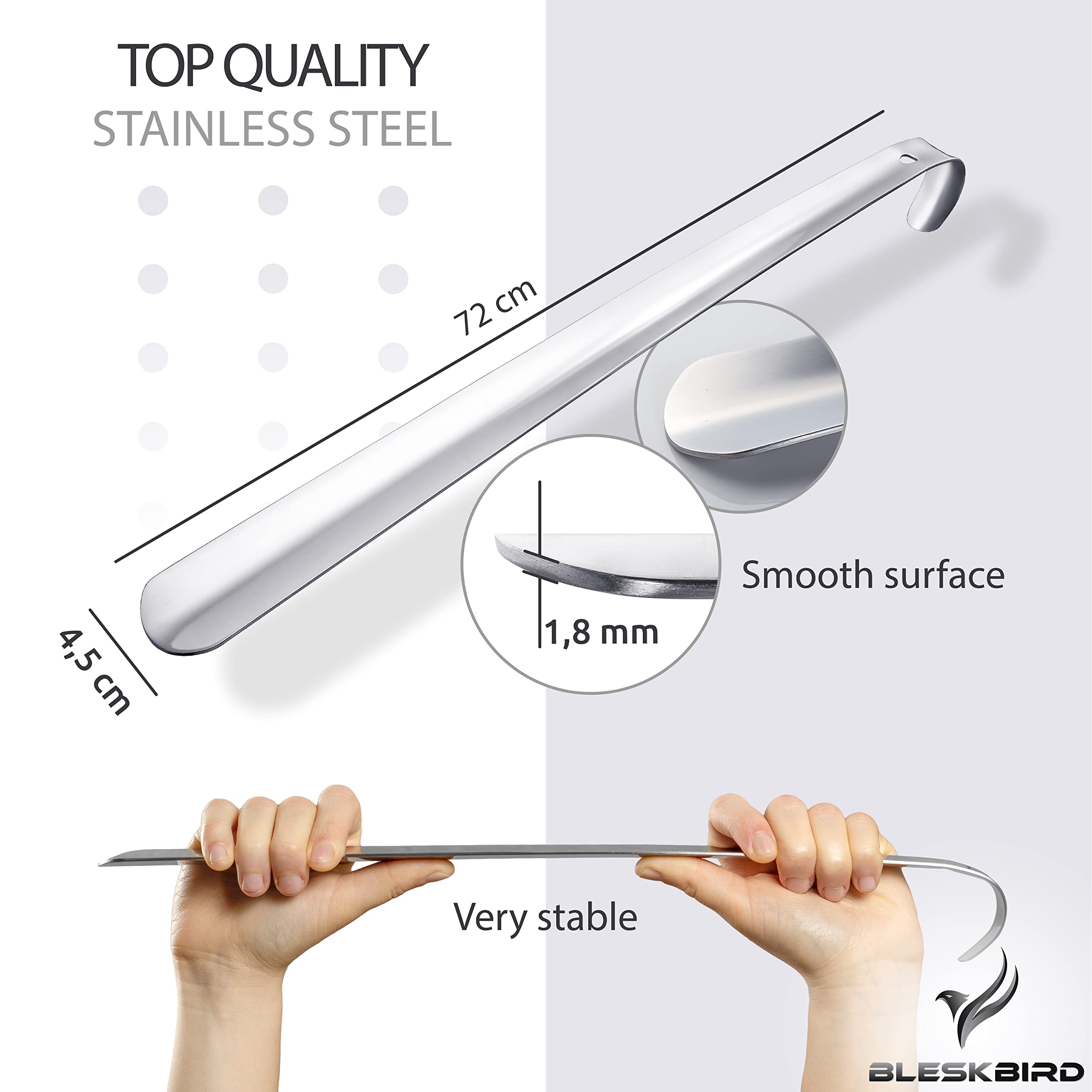 JK Trade® 72cm Calzador de Acero Inoxidable Largo | Calzador de Acero Inoxidable Largo de Pie | Rápido y Fácil en la Espalda | Longitud y Ancho Optimizados | Calzador | Negocios | Moderno Colgable