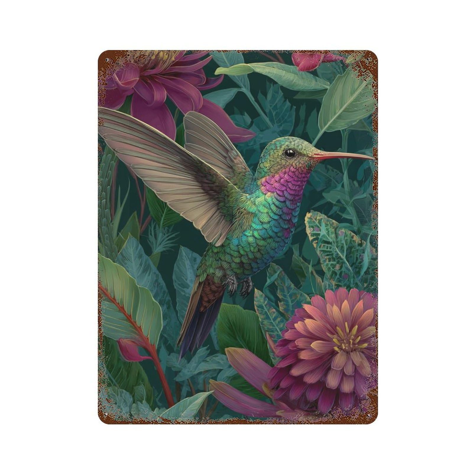 Hummingbird Garden Fantasy Vintage Metal Tin Sign 15.7"x11.8", Decorative Metal Wall Art for Garage, Pub Or Kitchen