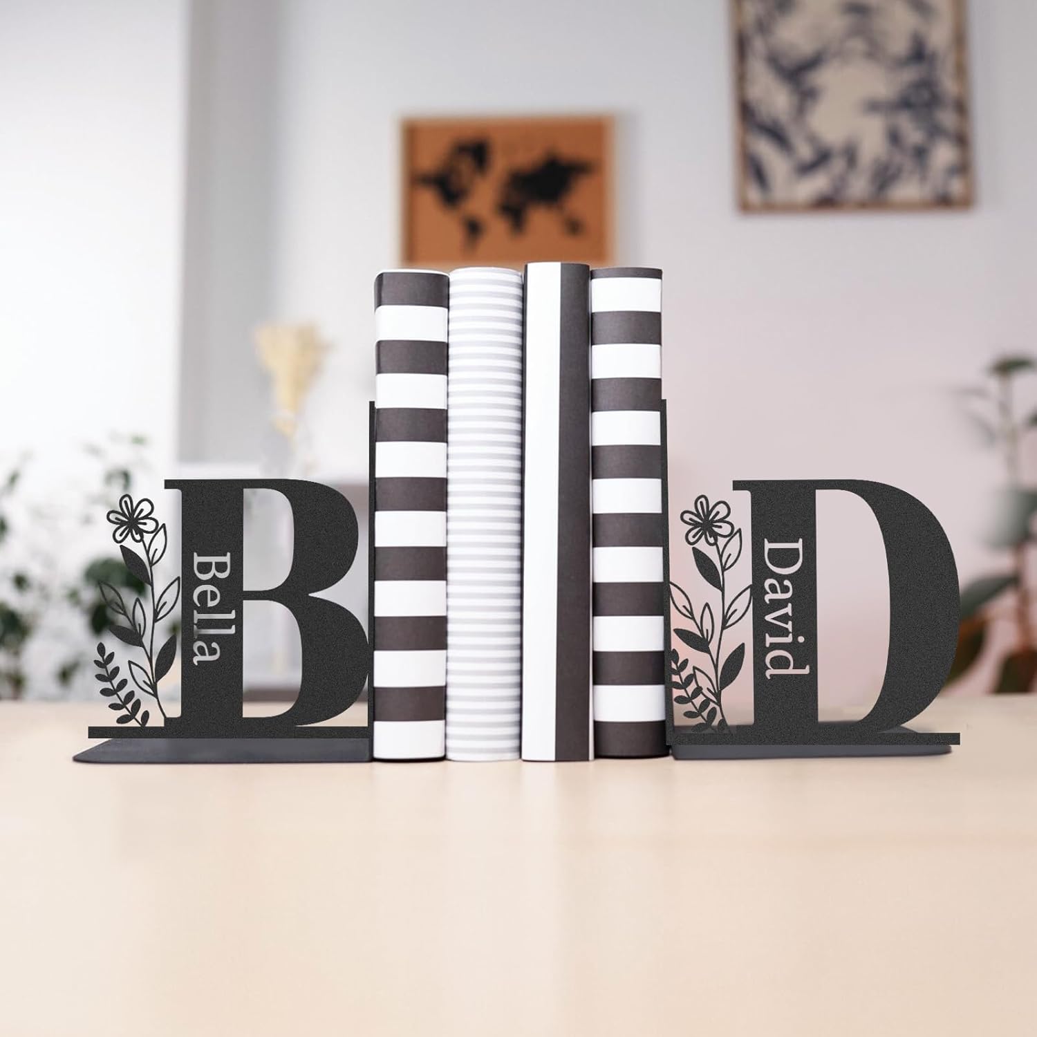 Personalized Name Metal Bookends for Shelves, Monogram Decorative Book Ends for Heavy Books, Non-Skid Stoppers, Unique Book Shelf Holder for Home Office Library School, Gifts for Readers Color01