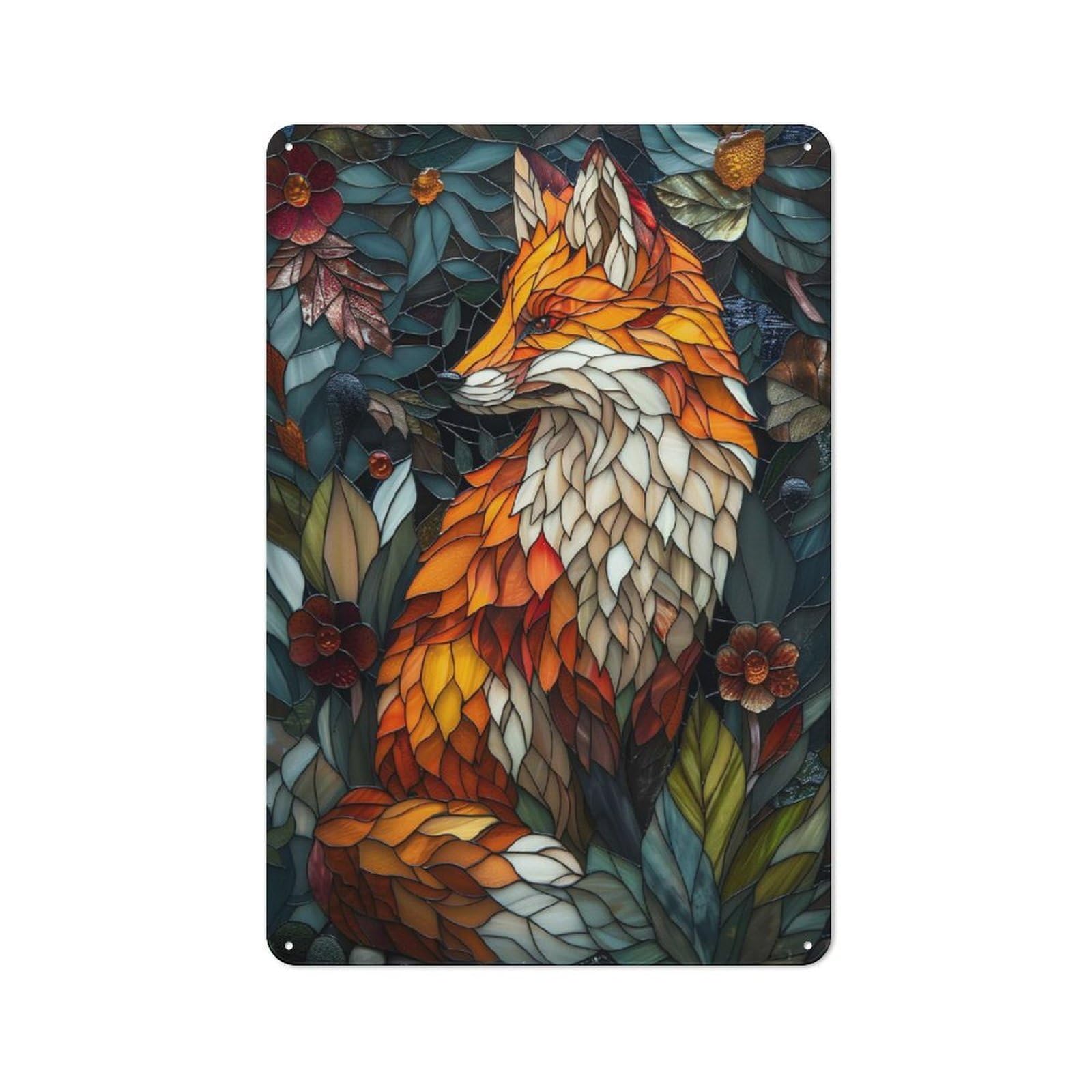 Junmoney Fox Stained Glass Leaf Bg 30X20cm Retro Metal Plaque With For Garage Or Workshop, Housewarming Present For People Styling Garage And Workshop