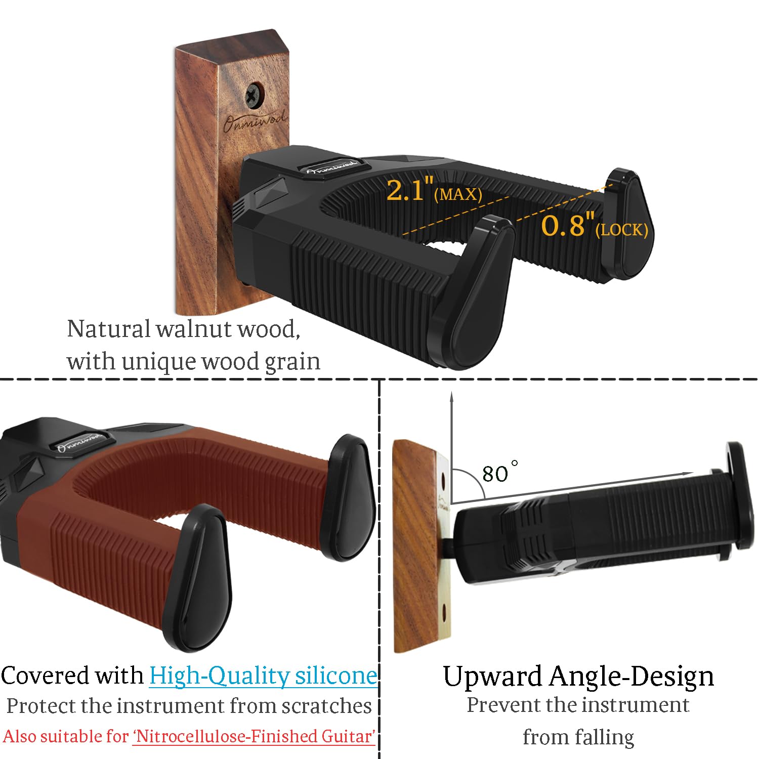 Guitar Wall Mount, Auto Lock Black Walnut Wood Guitar Hanger, Guitar Wall Hangers, Guitar Holder Hook Wall Stand for Classical, Acoustic, Electric Guitar, Bass, Gift for Guitar Player