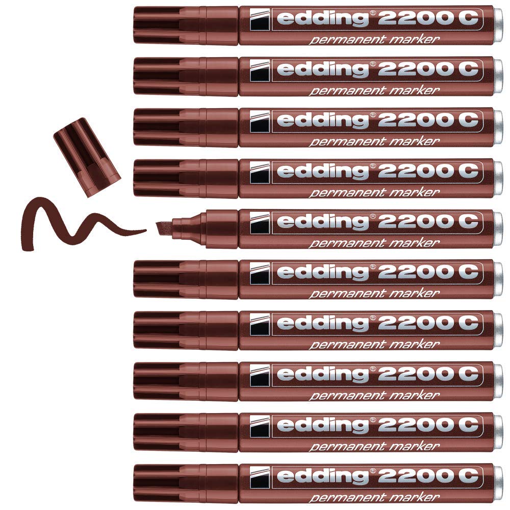 edding 2200 C marcador permanente - marrón - 10 rotuladores - punta biselada 1-5 mm - indeleble de secado rápido - resistente al agua y a los borrones - cartón, plástico, madera, metal,tela -universal