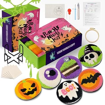 yuegool 6PCS Enchanted Oddities Punch Needle Coasters Kit Easy DIY Embroidery Kit for Beginners, Adults & Kids | Includes Patterns, Tools, Yarns, Hoop, Instructions, Coaster Holder