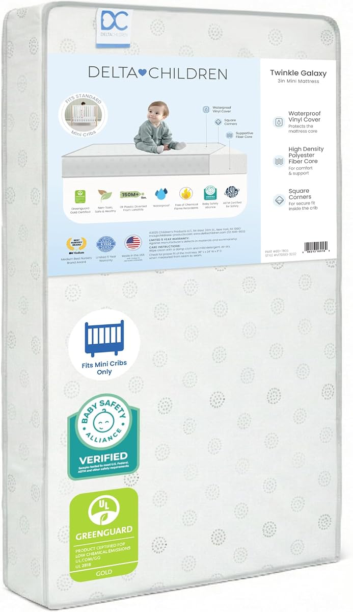 Colchón para cuna mini/portátil Twinkle Galaxy de 3 pulgadas - Núcleo de fibra de origen sostenible - Impermeable - Certificado GREENGUARD Gold (no tóxico) - Garantía confiable de 10 años