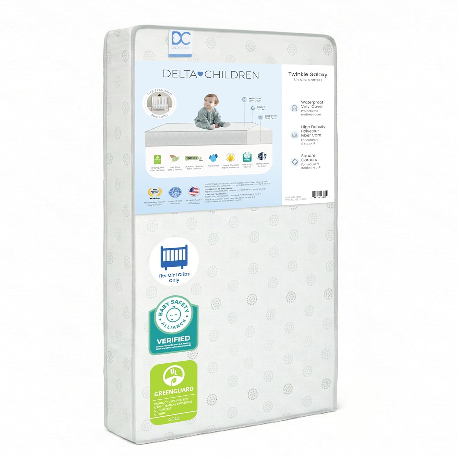 Twinkle Galaxy 3-inch Mini/Portable Crib Mattress - Sustainably Sourced Fiber Core - Waterproof - GREENGUARD Gold Certified (Non-Toxic) - Trusted 10 Year Warranty