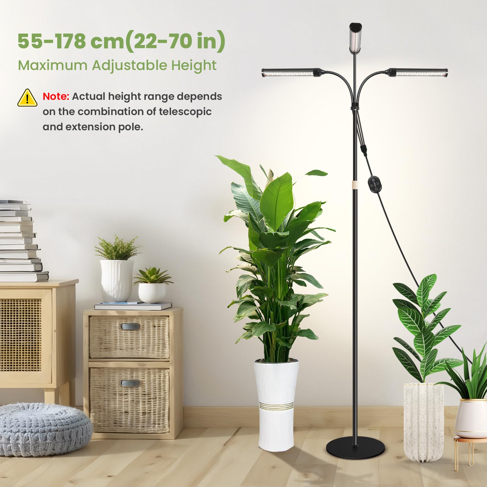 Grande lampada per piante 24V da interno, spettro completo potenziato 660 nm, LED LM281B+, timer e dimmer, altezza regolabile 56–178 cm, base 25 cm, 28W, 560 µmol/m²/s @15 cm