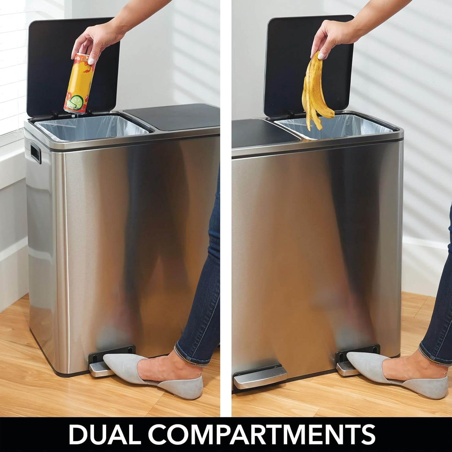Creative Product mDesign Metal Steel 16 Gallon/60L, Large Dual Compartment Step Trash Can; Double Bin Trashcan/Recycler Combo for Kitchen; for Garbage, Recycling; Features Two Removable Liner Buckets - Brushed/Chrome