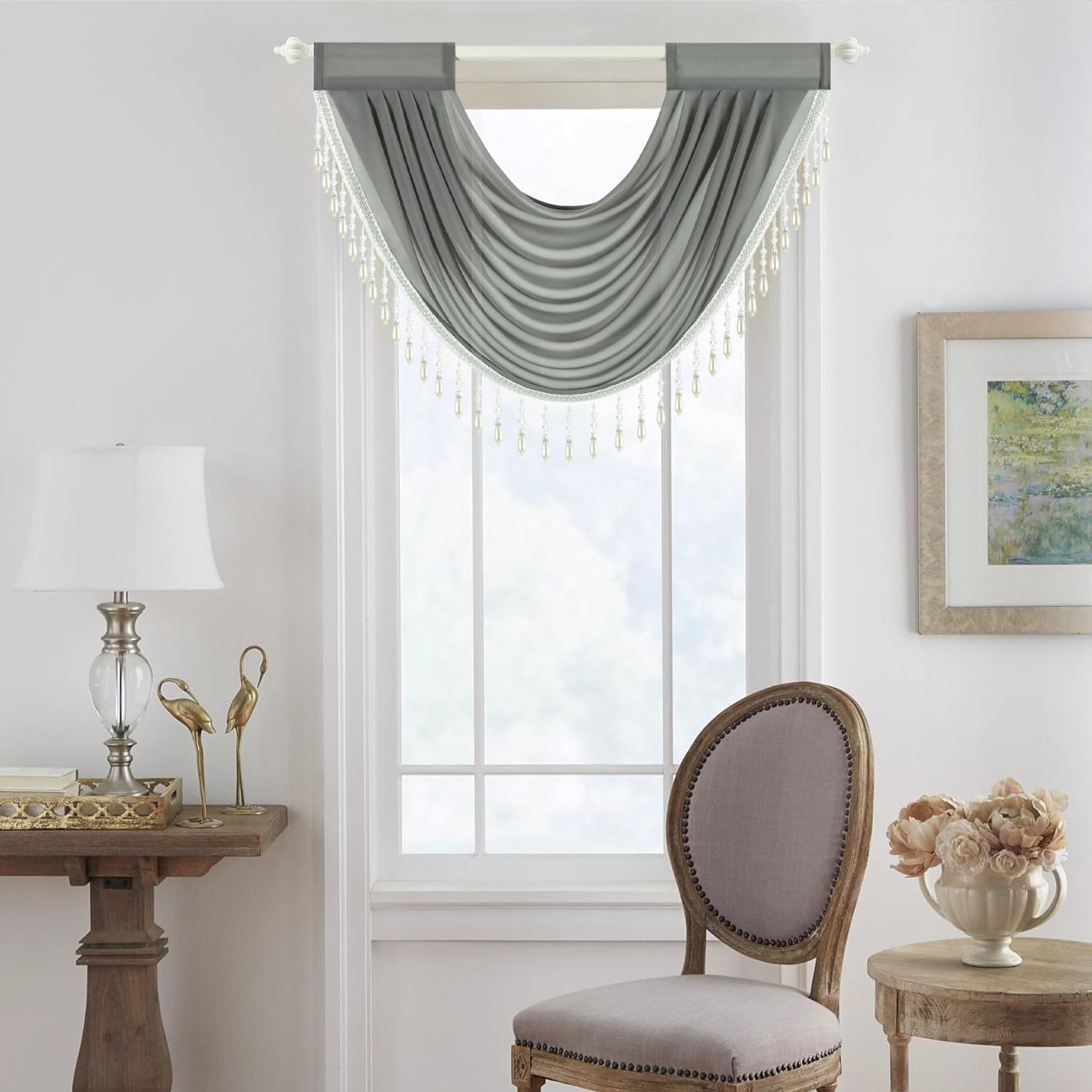VOGOL Silky Sheer Valances for Living Room, Light Filtering Waterfall Valance with Shining Beaded, Rod Pocket Swag Curtains for Bedroom, 30x24 Inches, Light Blue, 1 Piece