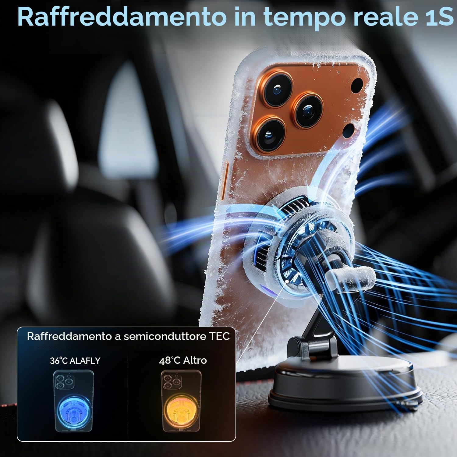 Qi2.2 25W Supporto Telefono Auto Magnetico con Rotazione 360° e Caricatore Auto Wireless con Raffreddamento TEC e Ventola per iPhone 17 Pro Max/16/15