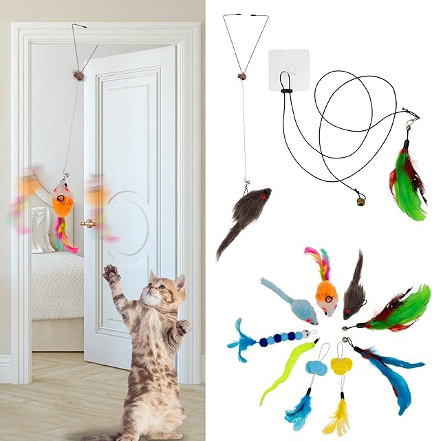 Fuyamp 11 In 1 Self-Play Hanging Door Cat Toys for Indoor Cats, Interactive Cat Toy Mice Animal Fish Feather Kitten Toys, Including 9 Attachments Cat Toy Chasing Exercise Entertain Teaser Toy