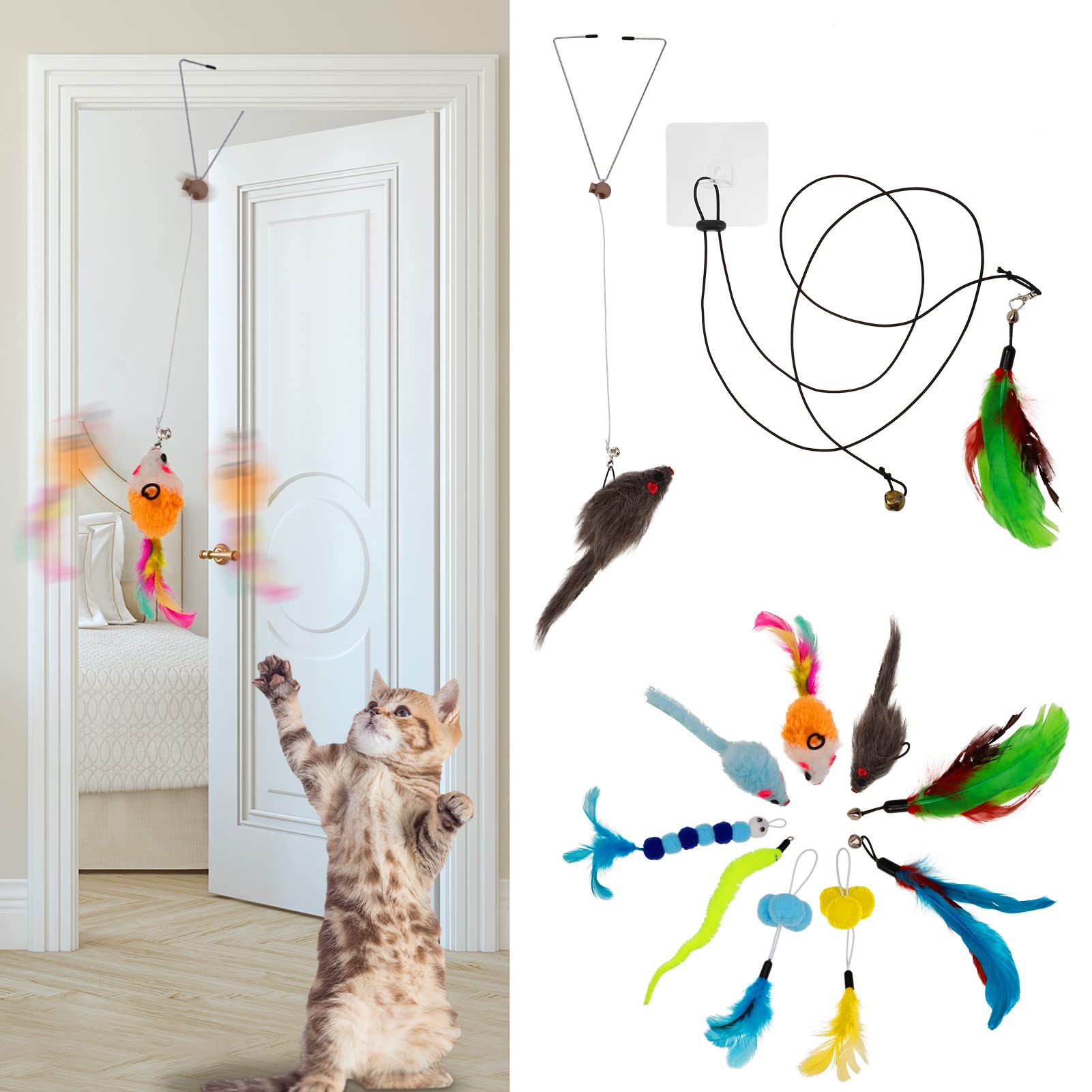 Fuyamp 11 In 1 Self-Play Hanging Door Cat Toys for Indoor Cats, Interactive Cat Toy Mice Animal Fish Feather Kitten Toys, Including 9 Attachments Cat Toy Chasing Exercise Entertain Teaser Toy