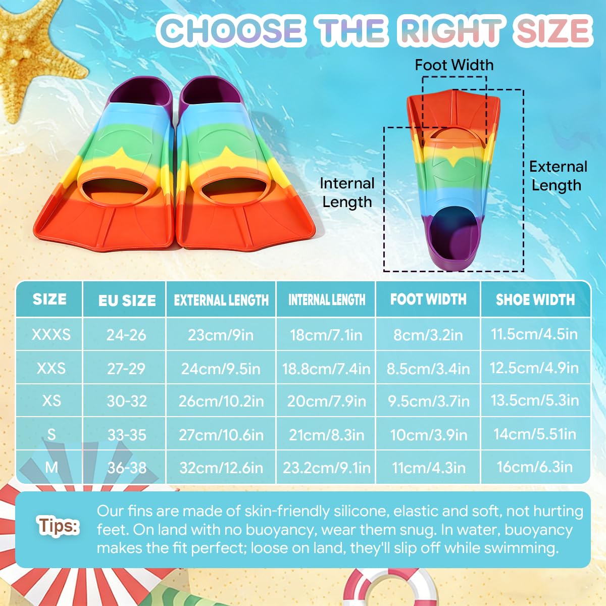 Schwimmflossen Kinder, 100% Silikon Kurzflossen, Taucherflossen Regenbogen Flossen für Training und Lap Schwimmen, Schnorchelflossen für Kinder Mädchen Jungen Anfänger