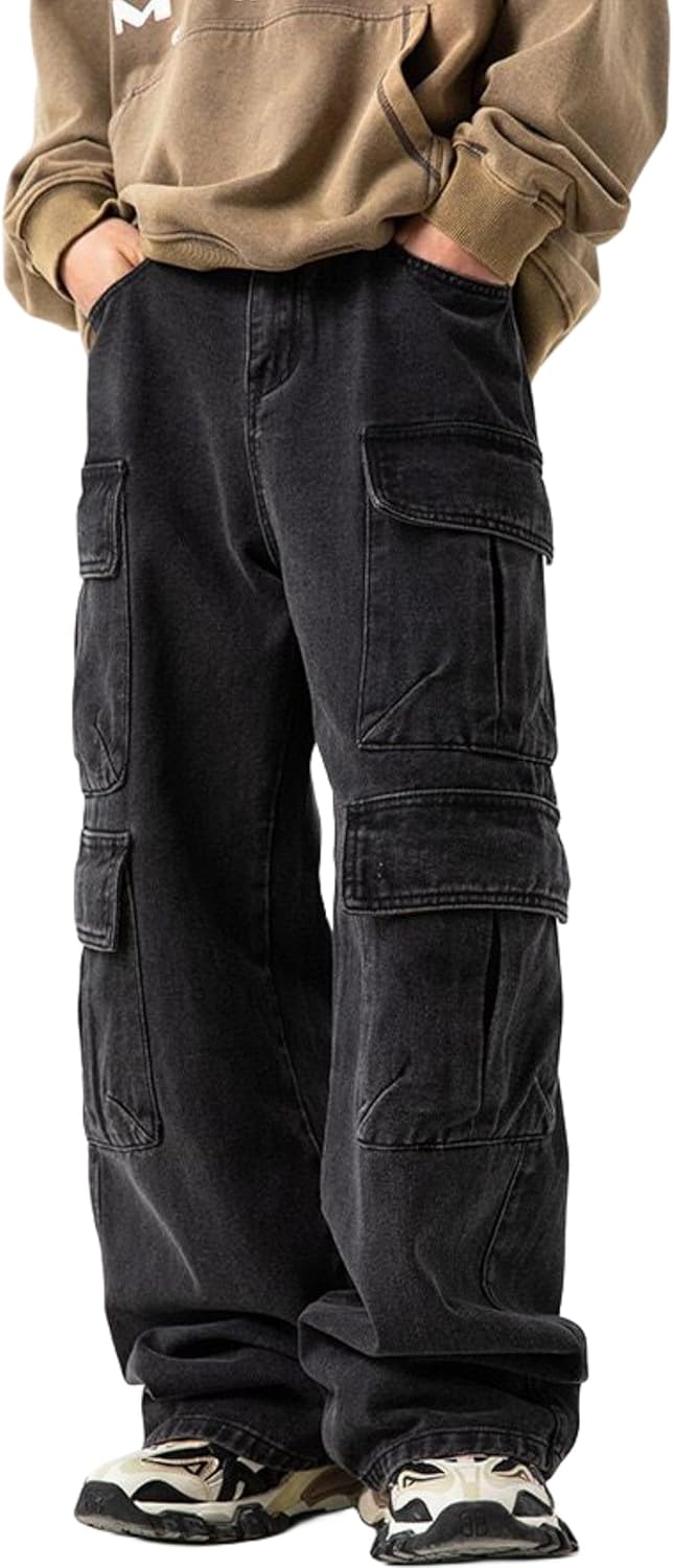 Mens Baggy Jeans for Men Women Y2k Skater Vintage Plain Pants Multiple Pockets Casual Wide Leg Loose Fit Cargo Denim Jeans