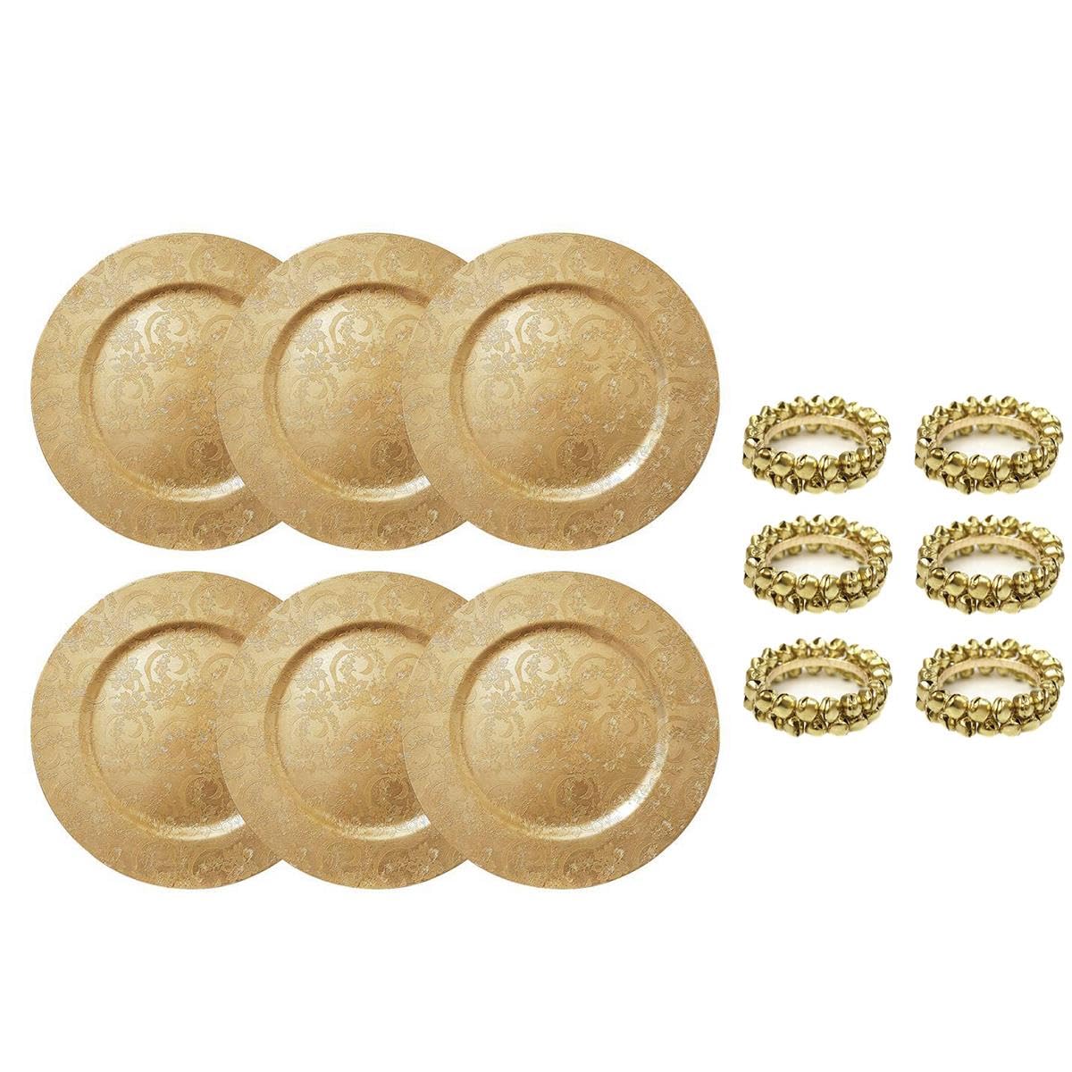 Yöl Gold Christmas Dining Set - 6 Charger Plates, 6 Jingle Bell Napkin Rings Xmas Dinner Festive