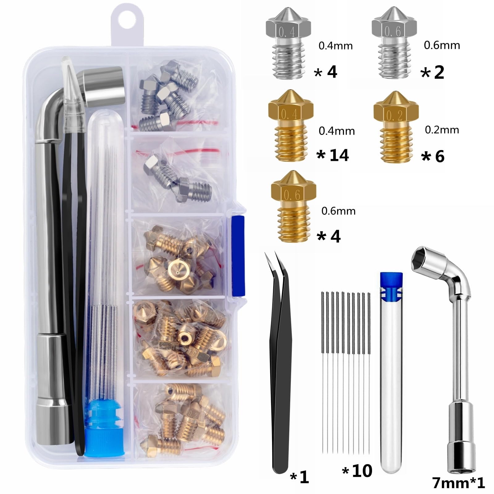 30 sztuk dysz 0,4 mm 0,2 mm 0,6 mm, do drukarki 3D, mosiężne dysze ze stali nierdzewnej, do filamentu 1,75 mm, Hot Ends V5, V6, na przykład do Anycubic i3 Mega Chiron Prusa i3 MK3/MK3S/Mega/Kobra Neo