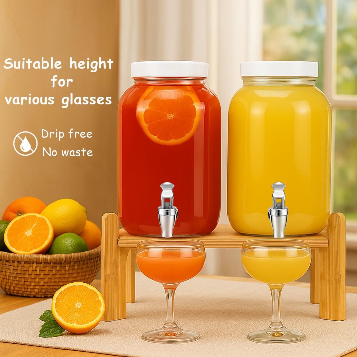 1 Gallon Large Glass Drink Dispensers with Stand for Parties, Glass Iced Beverage Dispensers with Spigot, Reusable Water Dispenser Countertop (2 Pack) - Image 2