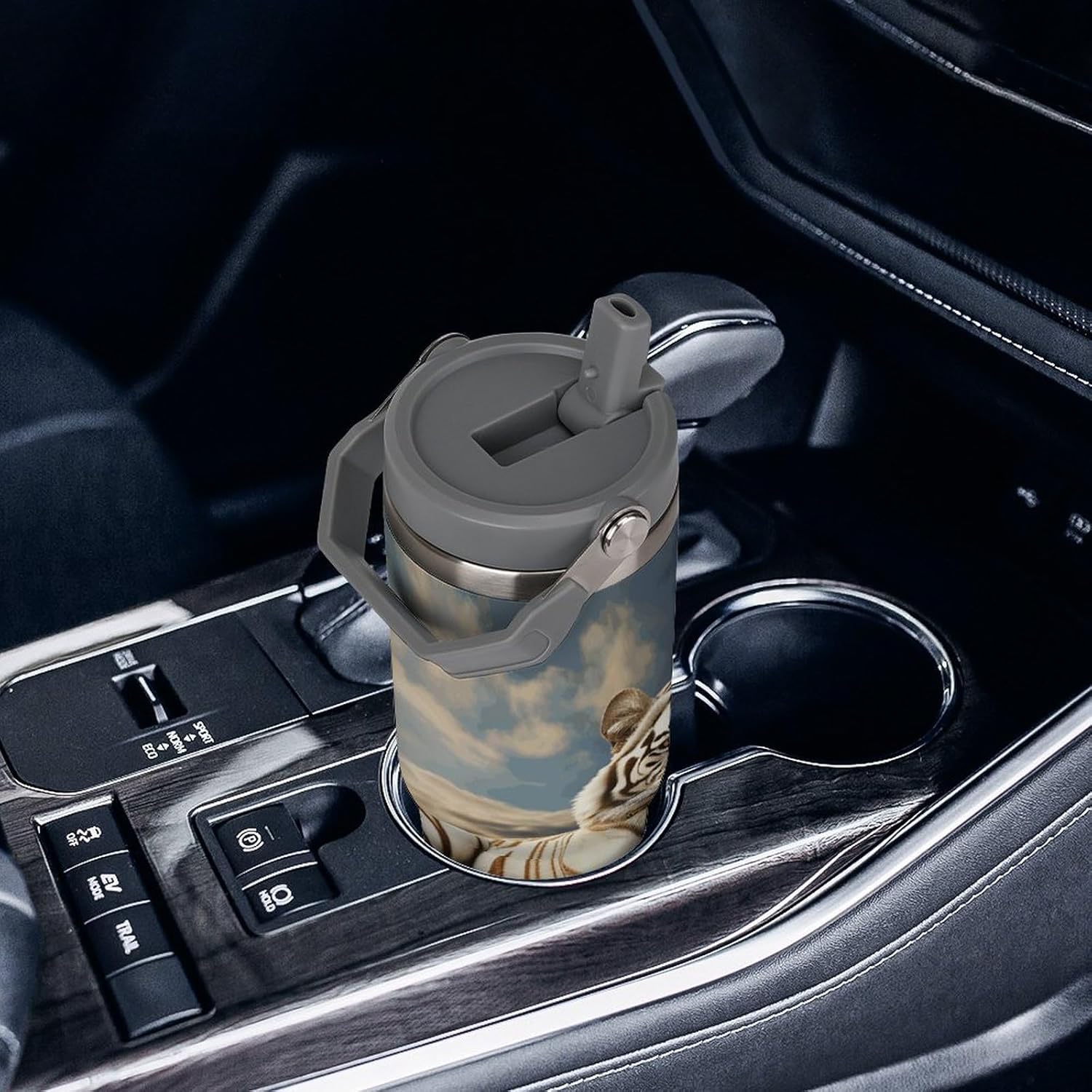 30oz Insulated Tumblers with Top Handle, Stainless Steel Majestic Tiger Resting on A Rock with Cloudy Car Cup with Straw for Gift, Leak-Proof Double Wall Vacuum Travel Mug, Personalized Water Bottles