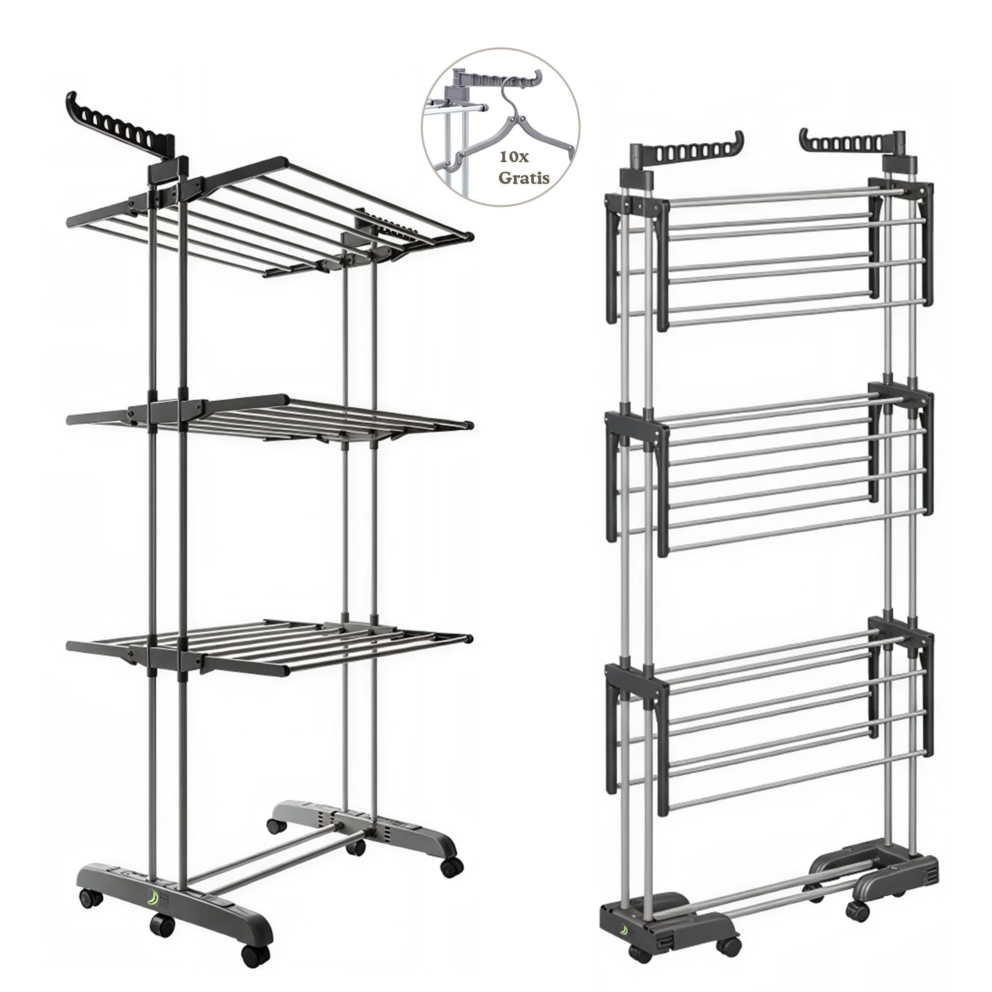 CAMBURVERDON® Tendedero Vertical Tipo Torre - Base Plegable | BASE PLEGABLE: guardado ultra compacto. Incluye 10 perchas exclusivas. Acero inox (50kg), 4 niveles y movilidad 360º.
