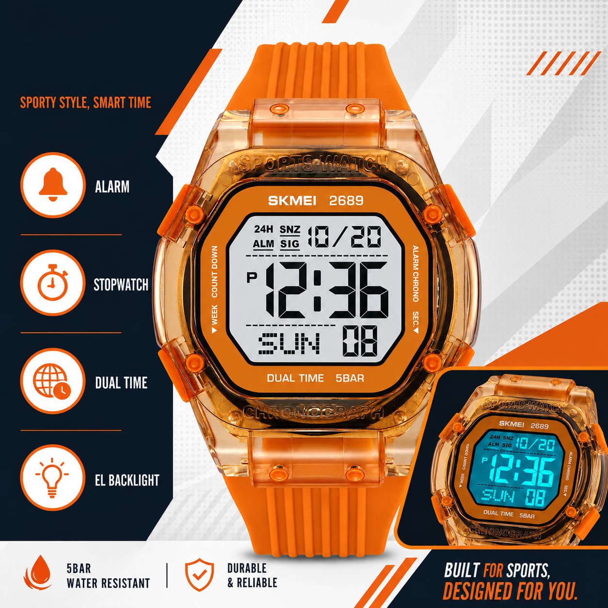 Gosasa Orologio sportivo digitale alla moda, impermeabile fino a 50 m, con cassa quadrata trasparente, leggero, per attività all'aperto, per donne e uomini, con retroilluminazione EL, doppio fuso