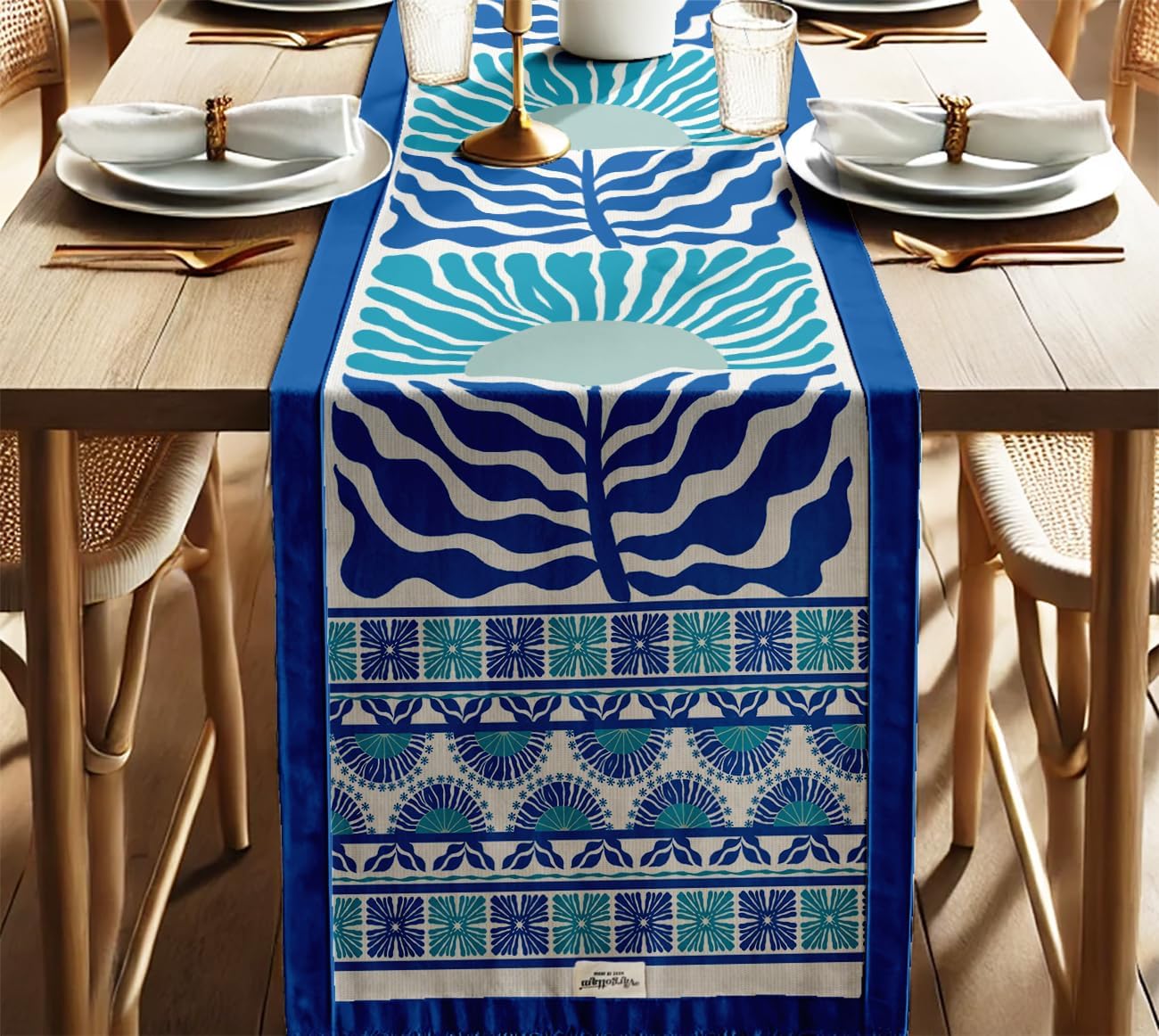 Premium Cotton Table Runner - Lightweight Double Layer - Border Design - Machine Washable Farmhouse Table Decor - Watercolor