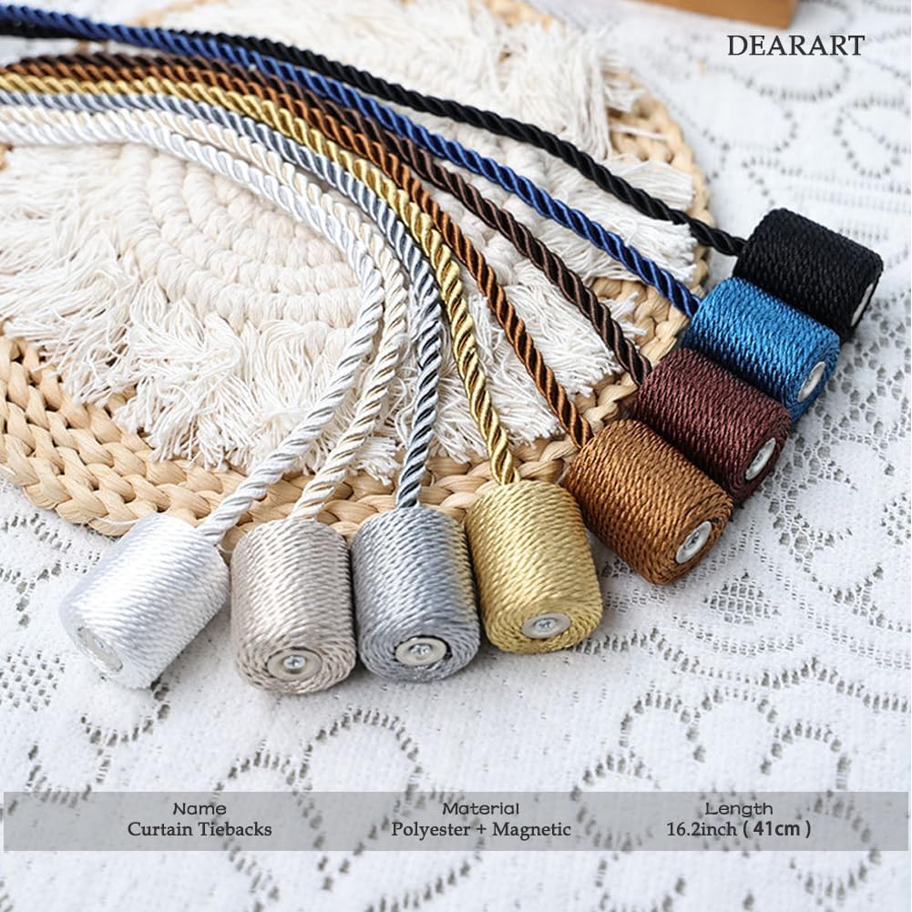 DEARART Windows Curtain Tieback, Magnetic Holder Tie Curtains, Many Tie Backs Ways, Easy Use for Bedroom Living Room Home, Cylinder Rope Design, Black, 8pcs