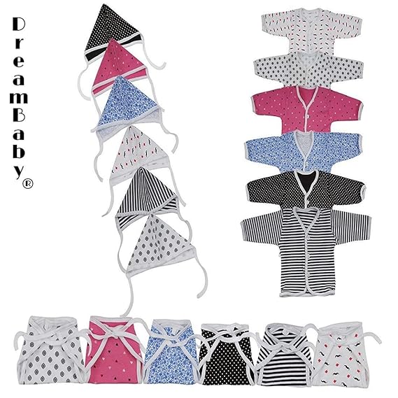 Dreambaby Babys Hosiery Cotton Clothing Jhabla, Cap and Nappy ( 0-3 Months, Assorted)-Set of 6