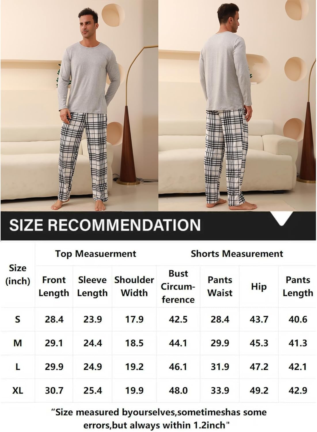 Men's Pajamas Set Long Sleeve Top with Plaid Pants Soft Sleepwear Loungewear - Image 6