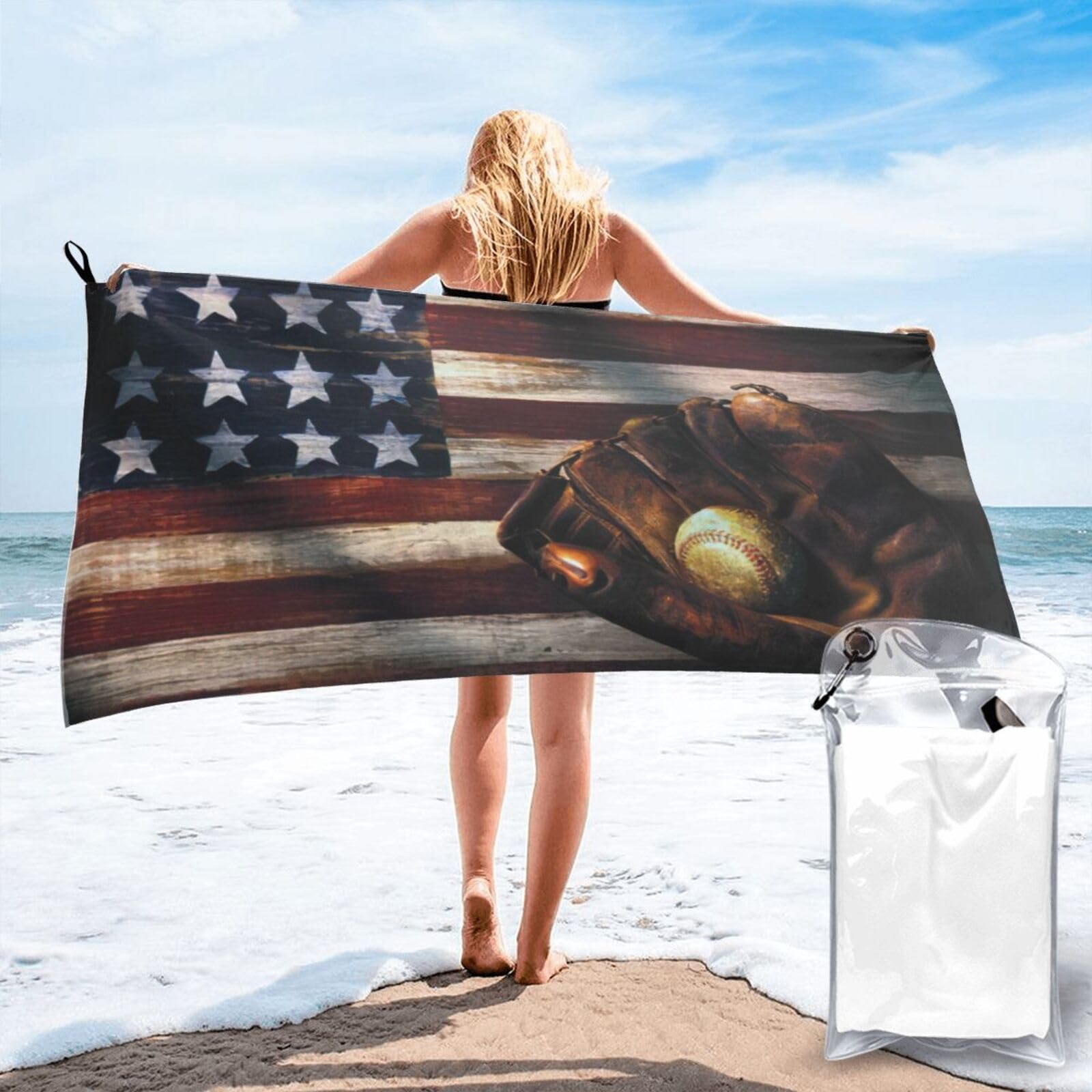 NImongt American Flag Baseball Print Adult Towel Travel Gym Beach Hiking Yoga Camping Lightweight Quick Dry Versatile