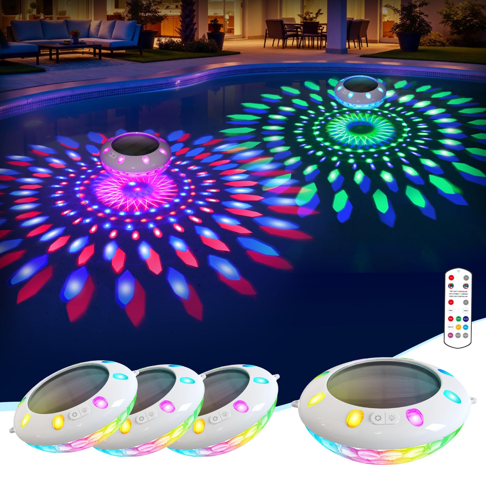Schwimmende Poolleuchten mit Fernbedienung, RGB-Farbwechsel-Solar-Lichter, die mit dynamischer Beleuchtung schwimmen, IP68 wasserdichte LED-Solar-Lichter (4)
