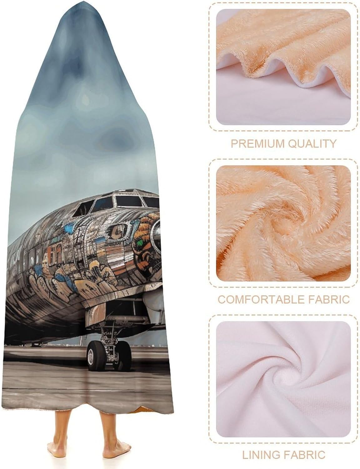 Airplane Art Wearable Hooded Blanket, Ultra Soft Arctic Velvet Cape Cloak Unisex - Cozy Wearable Blanket