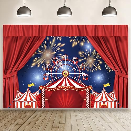 Miniatura 3 de Eainb Telón de fondo para fiesta temática de circo de 5 x 3 pies, tienda de campaña de circo roja, fuegos artificiales, rueda de noria, fondo de