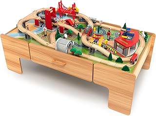 KOTEK Train Table with 100 Pieces, Wooden Kids Activity Table with Storage Drawer, Railway, Track, Cars, Town Scenery, Reversible Tabletop, Toddler Train Table Set, Gift for Boys Girls