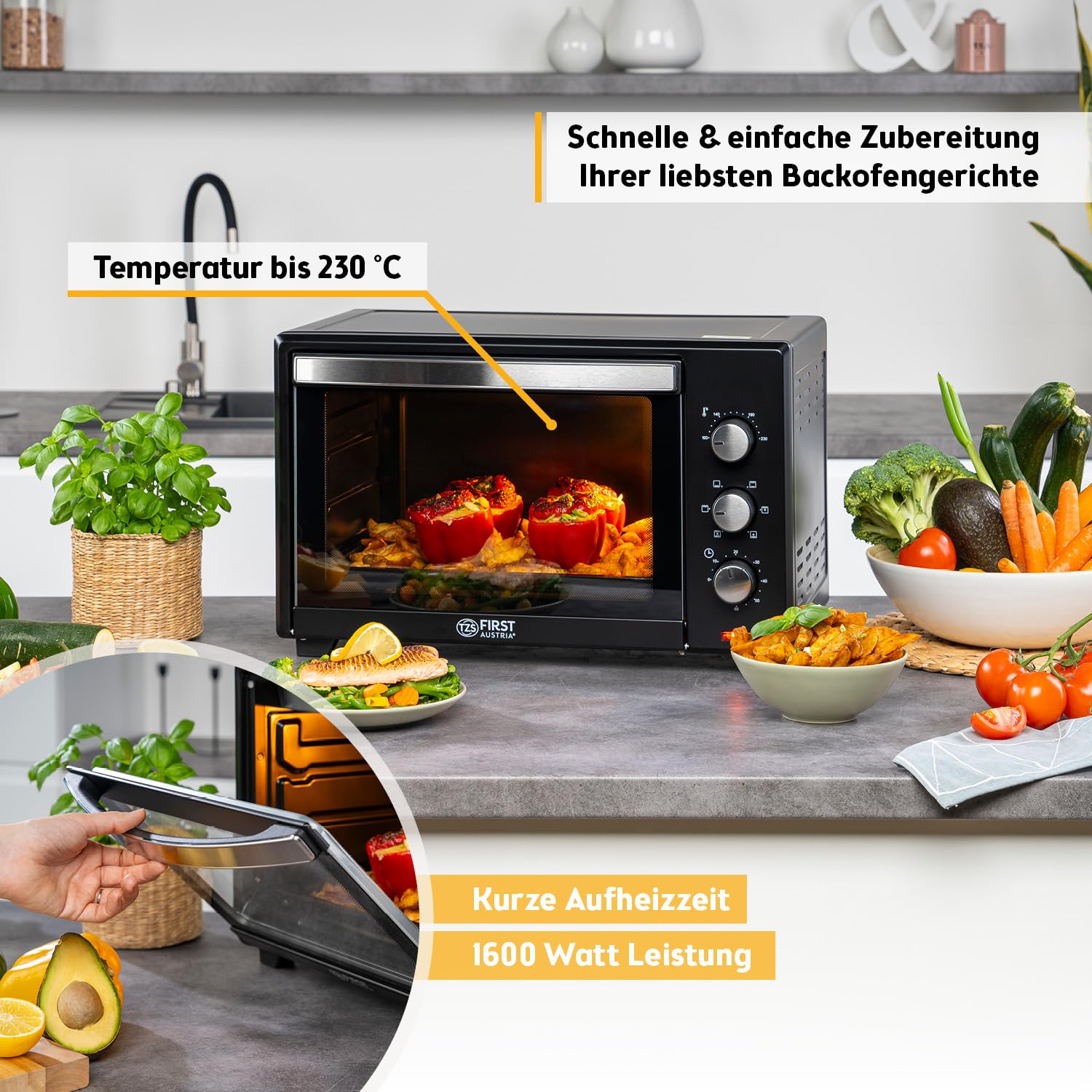 TZS First Austria - Minibackofen 35L 1600W - Mini Backofen Pizzaofen stufenlose Temperaturregelung bis 230°C & Antihaftbeschichtung - Miniofen 60 Min. Timer, 3 Einschubhöhen, Backblech & Grillrost