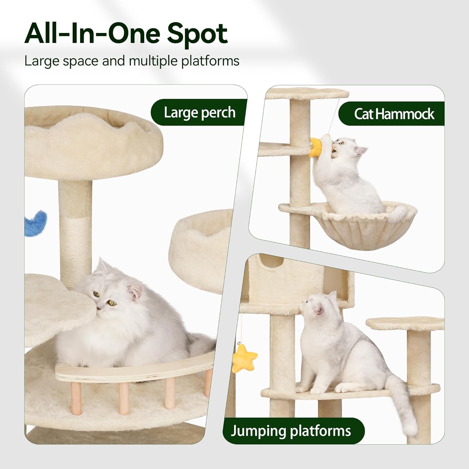 Meecal 79inch Heavy Duty Cat Tree for Indoor Cats Large Adult, Tall Giant Cat Tower with Scratching Post, Large Perches, Cozy Cat Condos & Hanging Hammocks, Beige