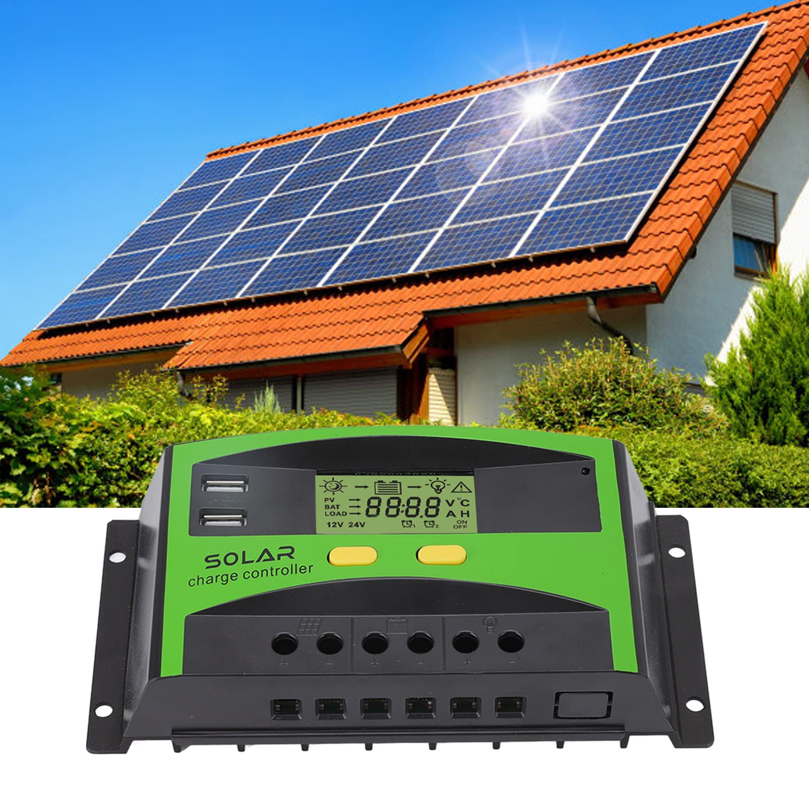 PWM Solar Charge Controller, 12V/24V Solar Panel Charge Controller with Dual USB Ports, Intelligent Regulator with LCD Display for RVs Trailers Boats(50A)-image-22