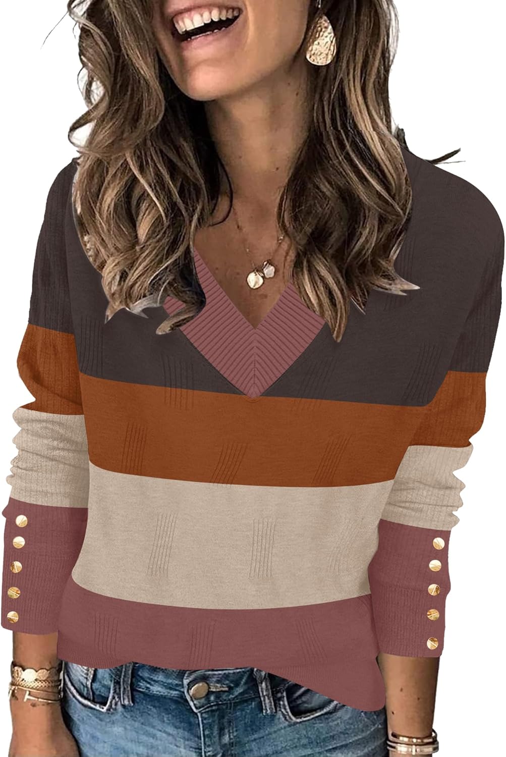 AKEWEI Womens V Neck Sweaters Long Sleeve Lightweight Knit Pullover Tops with Decorative Buttons