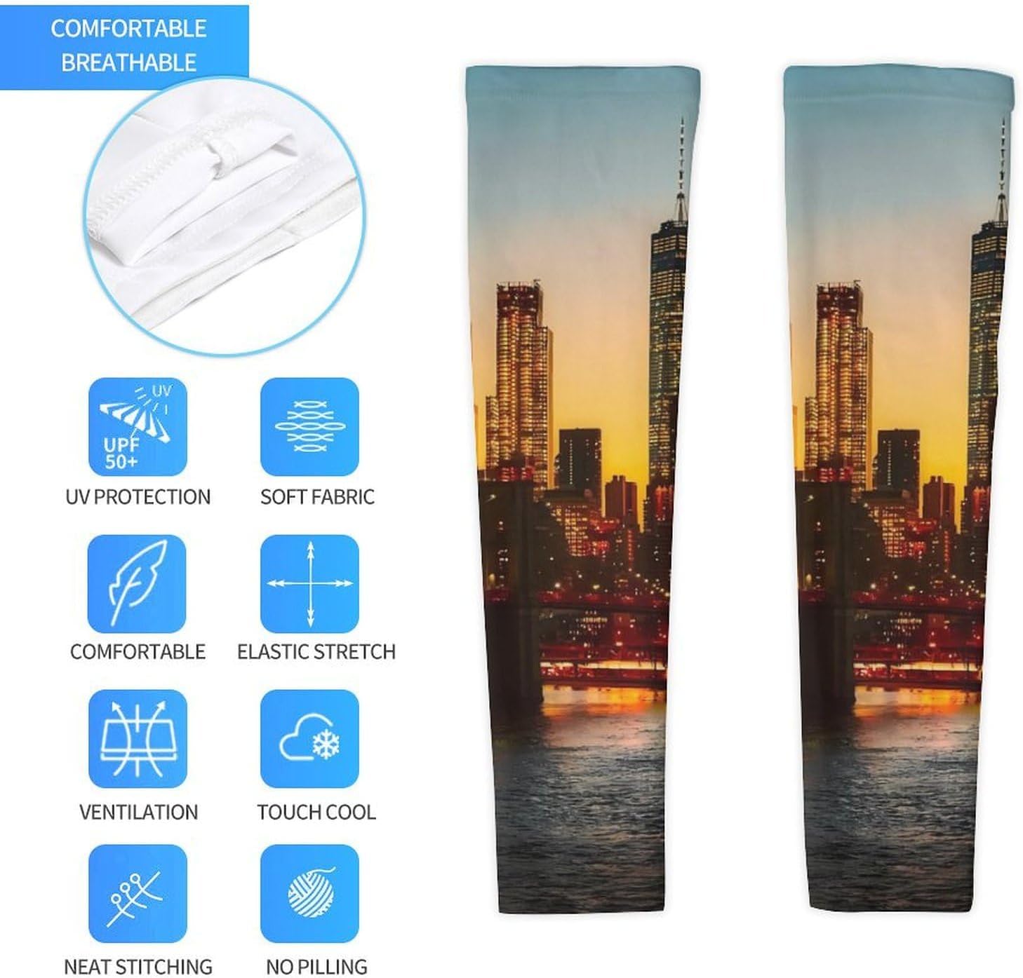 New York City Manhattan Bridge Skyline Arm Sleeves Cooling Sun Protection Sports Compression for Golf Basketball