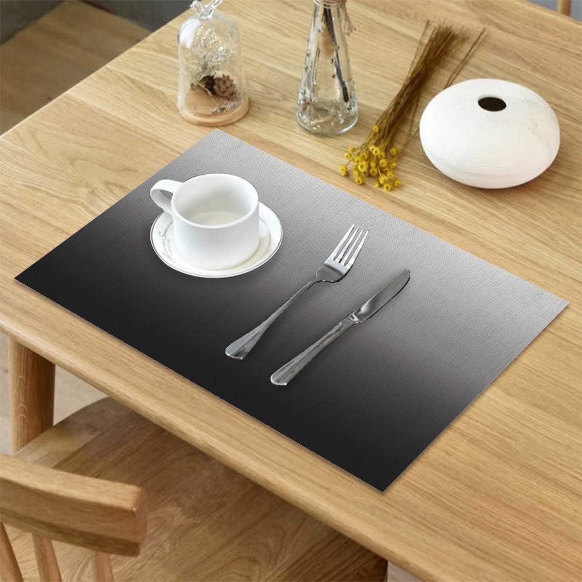 Chic D Black Gray Indoor Placemat Set of 6, Non-Slip Placemats for Kitchen/Dining Table/BBQ/Patio/Parties, 12"x18" Washable Durable Cotton-Linen Table Mats, Ombre