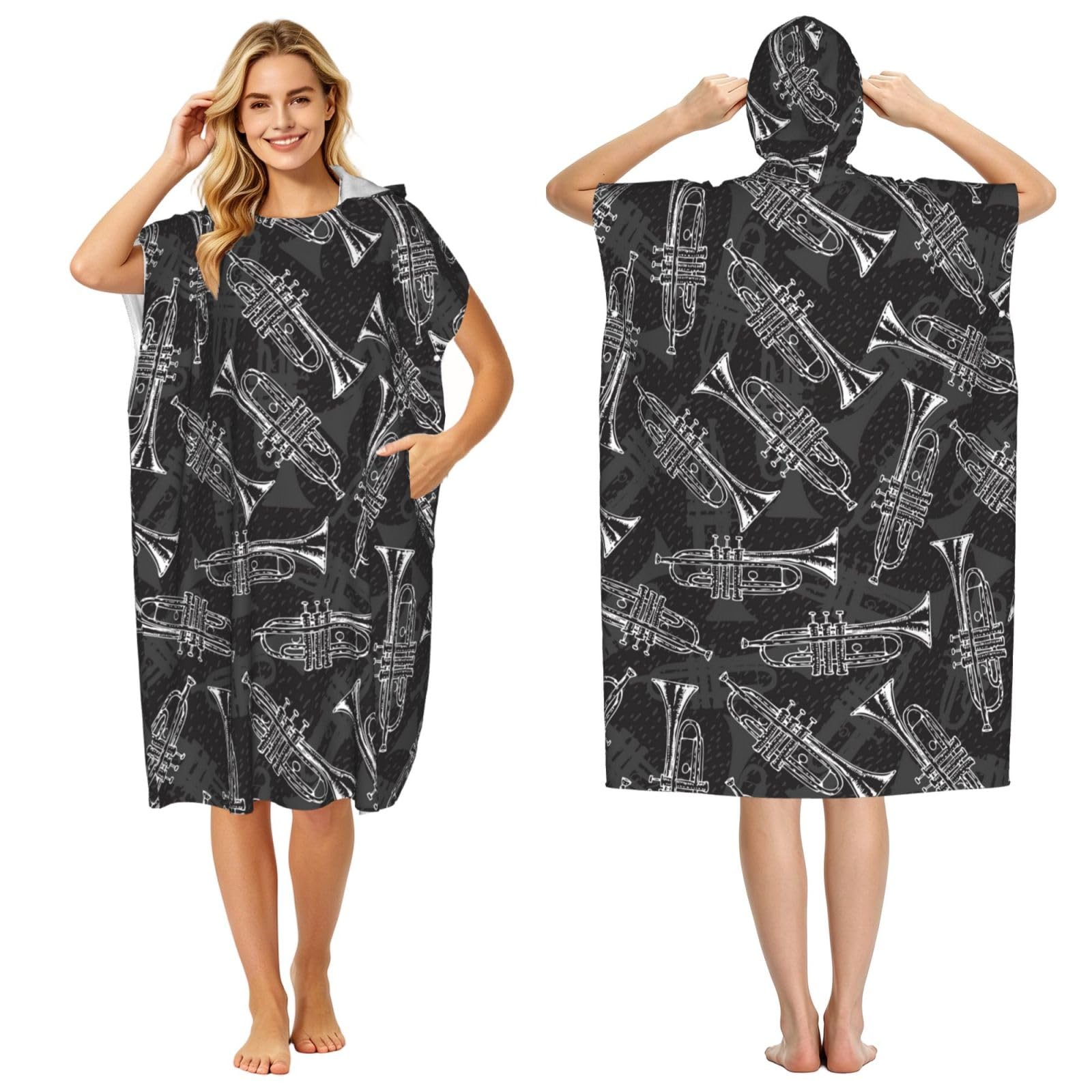 Poadnly Black White Sketch Trumpets, Adult Hooded Beach Towel 90 x 110 cm,Changing Bath Robe, Surf Poncho Towel For Women Men