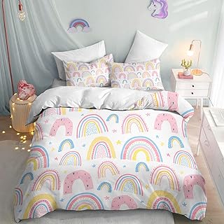 BEDMUST Rainbow Full Duvet Cover Set for Girls Pink and Yellow Rainbow Star Duvet Cover 3 Piece with 2 Pillow Shams(1 Duvet Cover and 2 Pillow Shams)