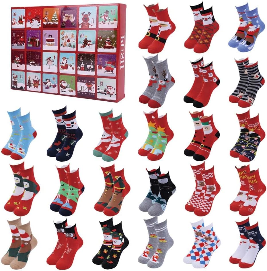 Christmas Advent Calendar 2025, 24 Days Christmas Countdown Calendar with 24Pcs Fun Holiday Socks Bulk for Xmas Party Favor Gifts for Women Adult Teens Countdown Gifts Socks