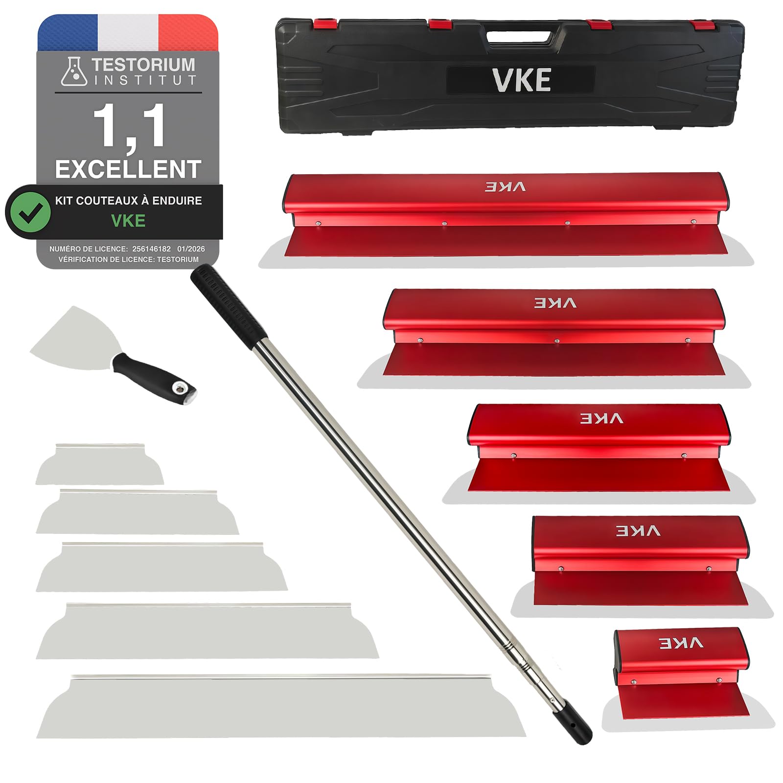 VKE Set Couteau a Enduire en Acier Inoxydable 20, 30, 35, 40 & 60 cm, Spatule Enduit Set avec Poignée d'Extension 1-2.1 m et Lame de Rechange, Couteau à Enduire Inclus, Lot de 23
