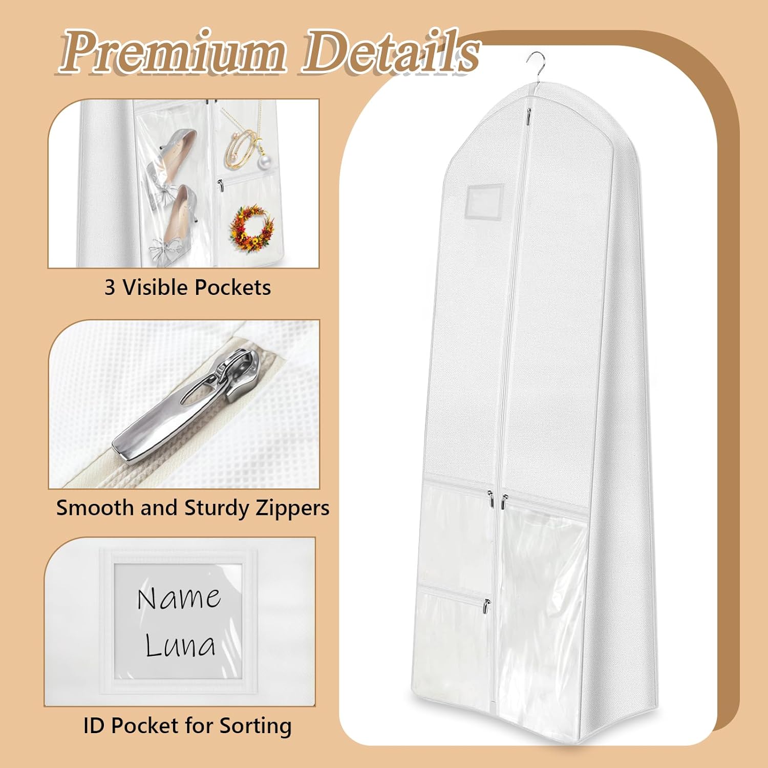 Joyzan Portable Wedding Dress Garment Bag, 70" Foldable Bridal Gowns Long Bags with Bride Tote Bag 10'' Gusseted 3 Zipper Accessory Pockets Cover Shoes Travel Storage Women Prom Evening Puffy Gowns