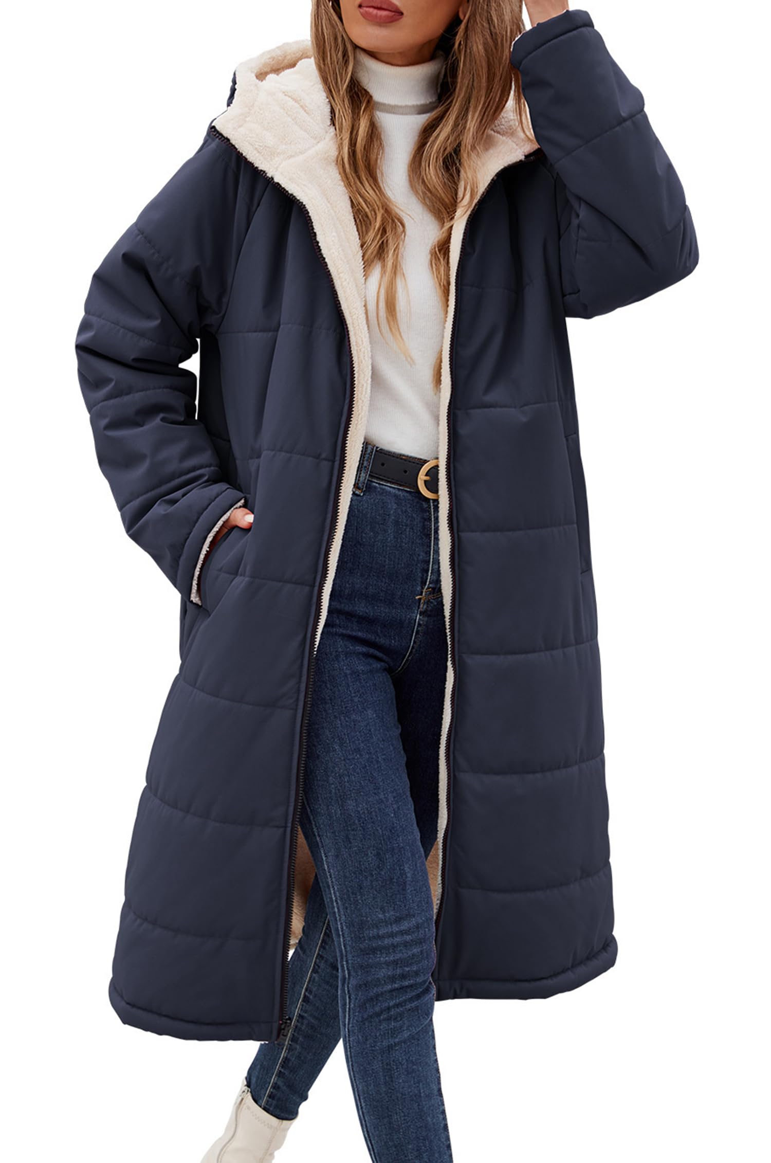 Vancavoo Wintermantel Damen Lang Gefütterte Winterparka Steppmantel | Winterjacke Wendejacke mit Fleece, fester Kapuze, durchgehendem Reißverschluss und Taschen