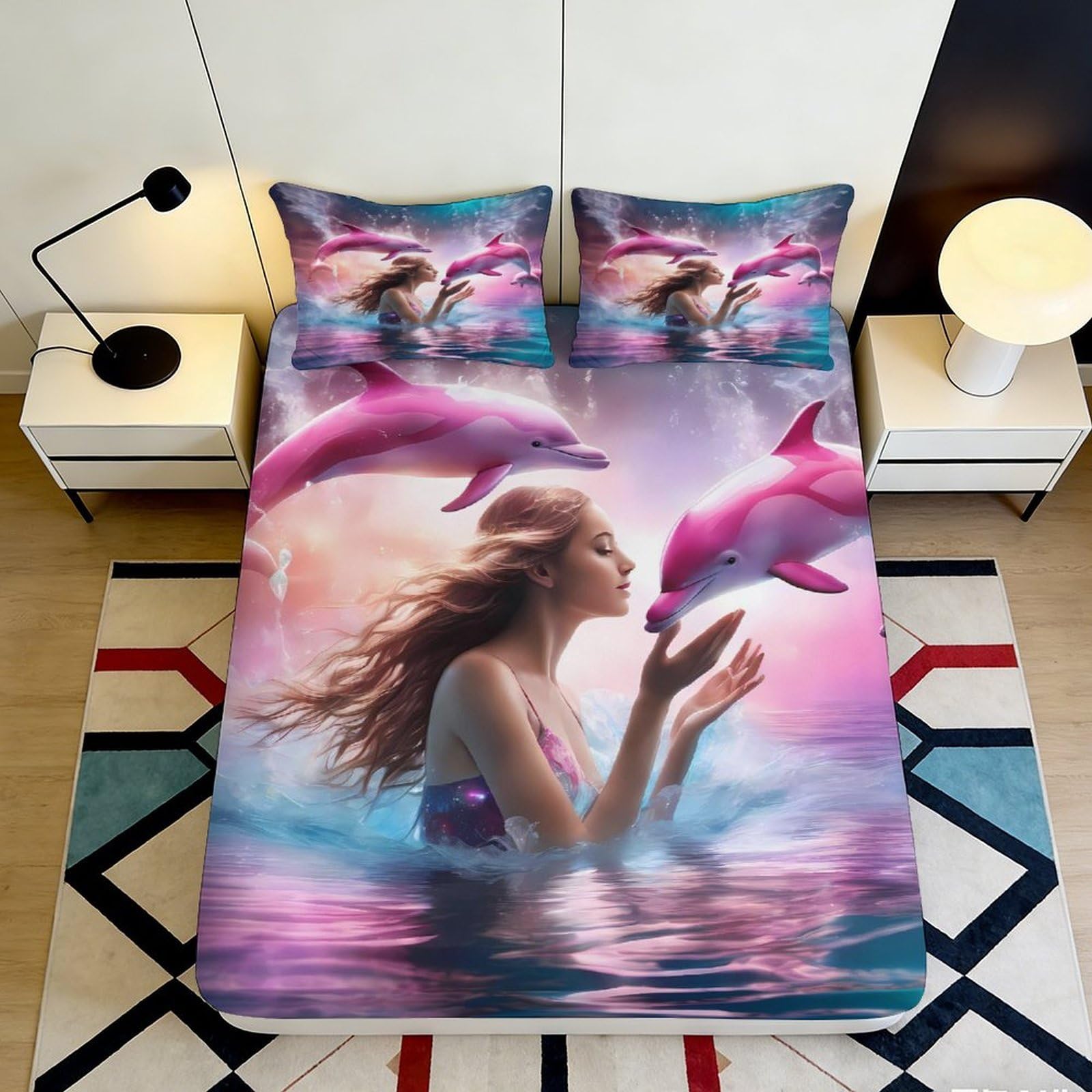 Pnayamiorkfel Style-9 3D Printed Pink Dolphin Fitted Sheet Microfiber Soft Anti-Slip Water Fantasy Bed Cover For Bedroom Guestroom Decor 90X200x25cm