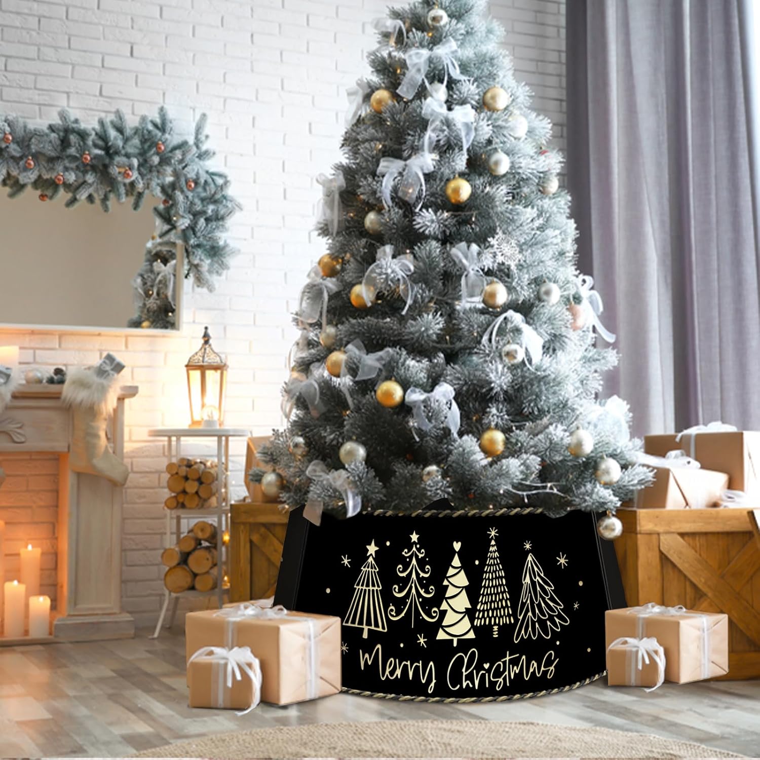 Large Black Gold Pine Tree Ring Christmas Tree Collar, 29 Inch Diameter for 7-9 Ft Trees