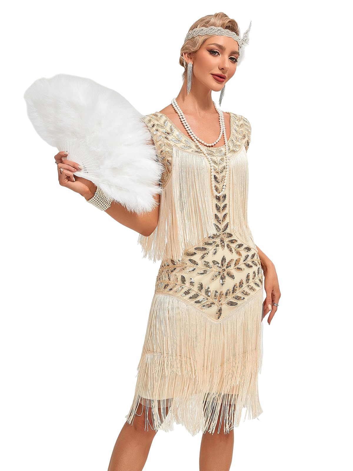 Viloree Robes Femme Flapper V Neck des années 1920 Perles frisées Grande Robe Gatsby