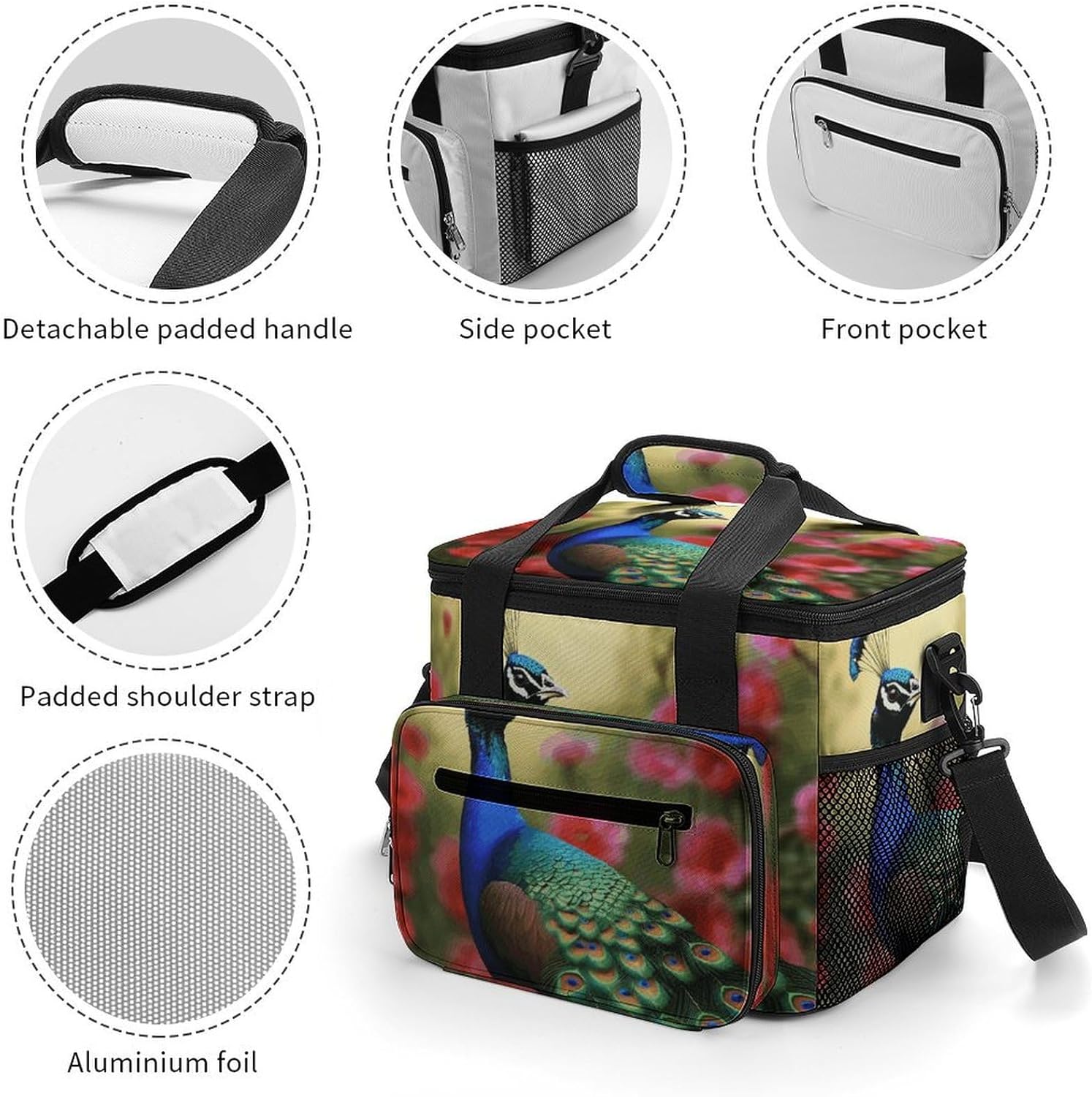 Peacock Flowers Cooler Bags Portable Soft Cooler Bag Lightweight Ice Chest Insulated Lunch Bags Camping Cooler Bag Cooler Lunch Tote Coolers for Picnic Travel Beach